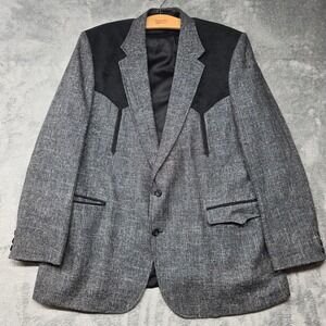 Circle S Western Blazer Sport Coat Mens 48L Grey Tweed Black Suede Made in USA